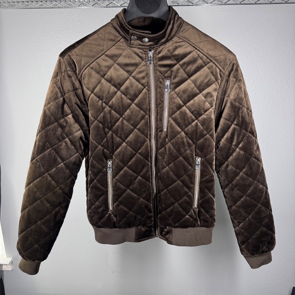 GBG Los Angeles Mens Brown Quilted Velvet Bomber Jacket Size Medium Full Zip